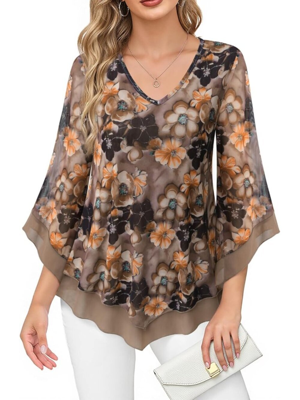 Women's Mesh Shirt Brown Double Layer Ruffle 3/4 Flared Sleeve Blouse Tunic Top